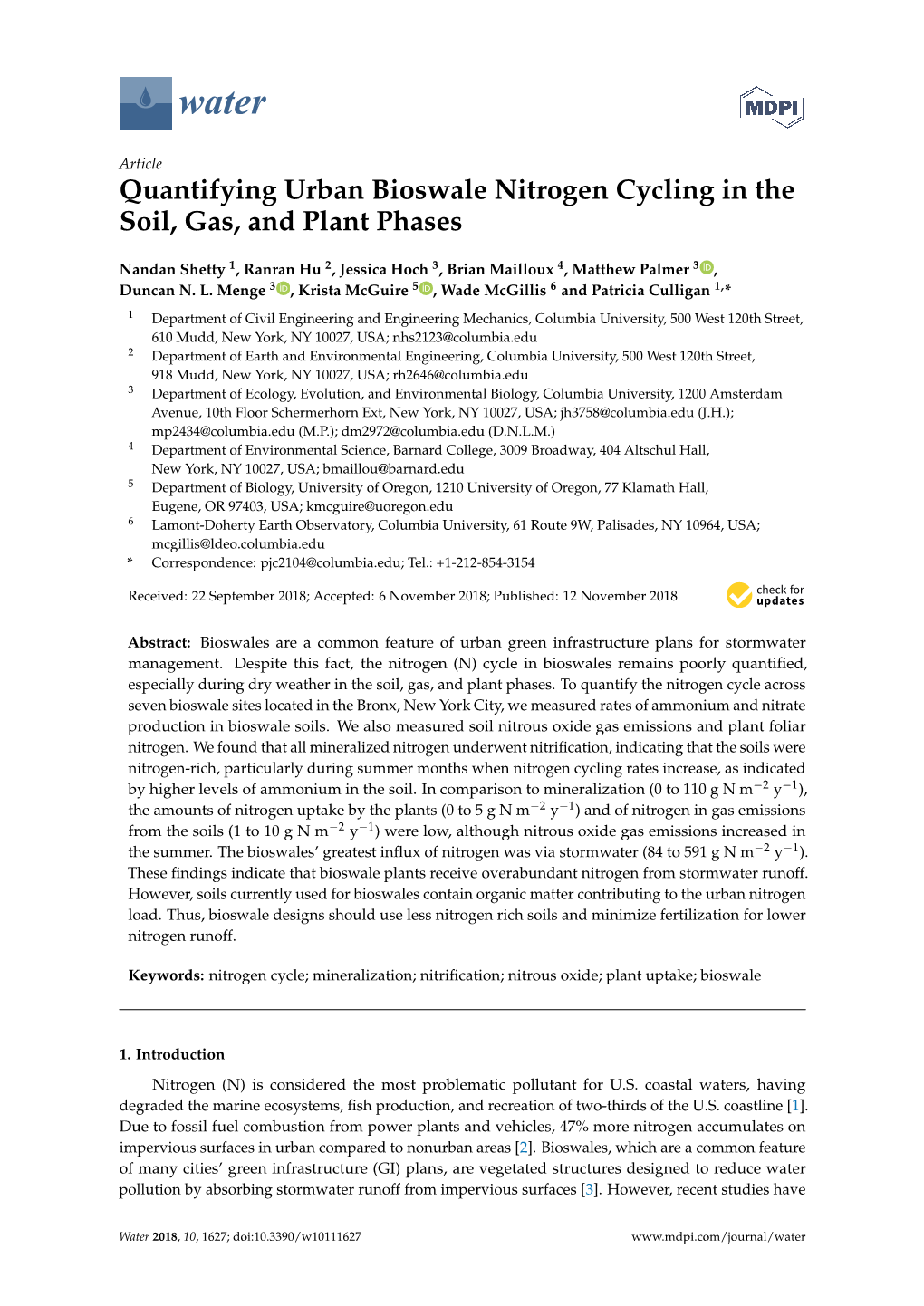 Quantifying Urban Bioswale Nitrogen Cycling in the Soil, Gas, and Plant Phases