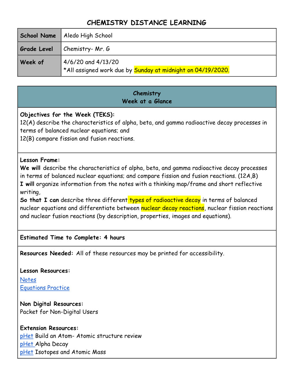 Chemistry Distance Learning