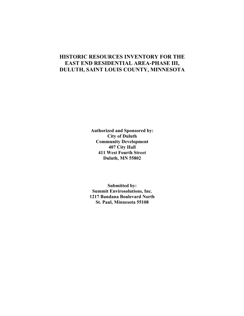 Historic Resources Inventory for the East End Residential Area-Phase Iii, Duluth, Saint Louis County, Minnesota