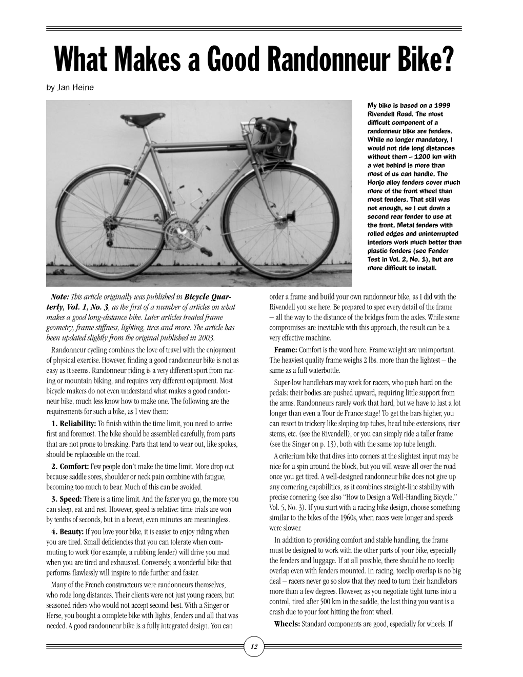What Makes a Good Randonneur Bike? by Jan Heine