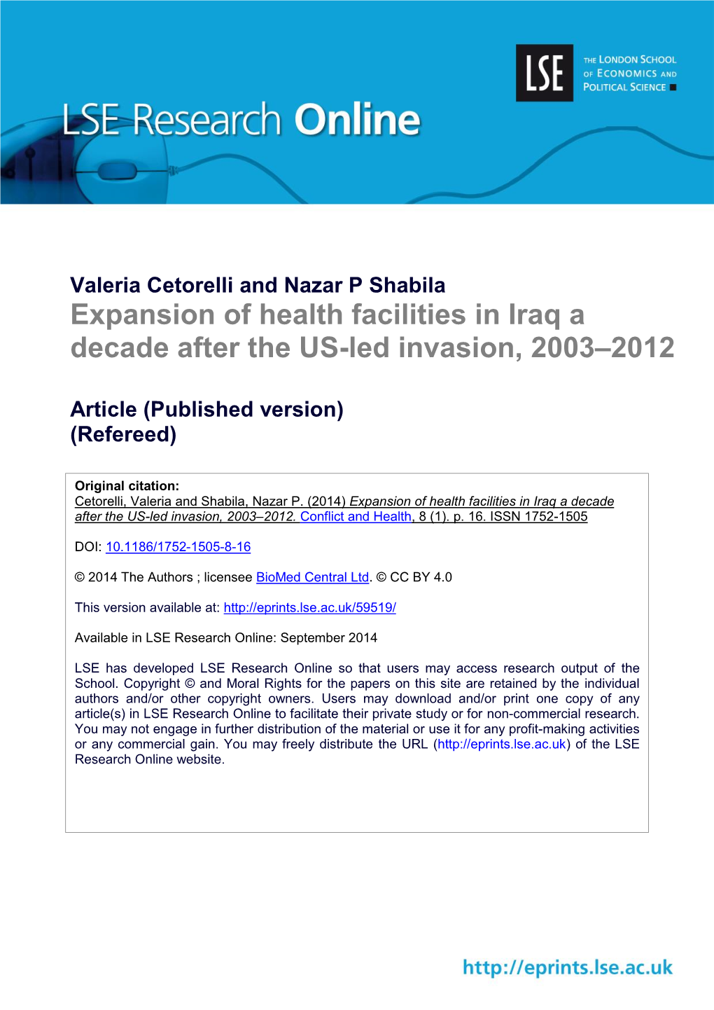 Expansion of Health Facilities in Iraq a Decade After the US-Led Invasion, 2003–2012