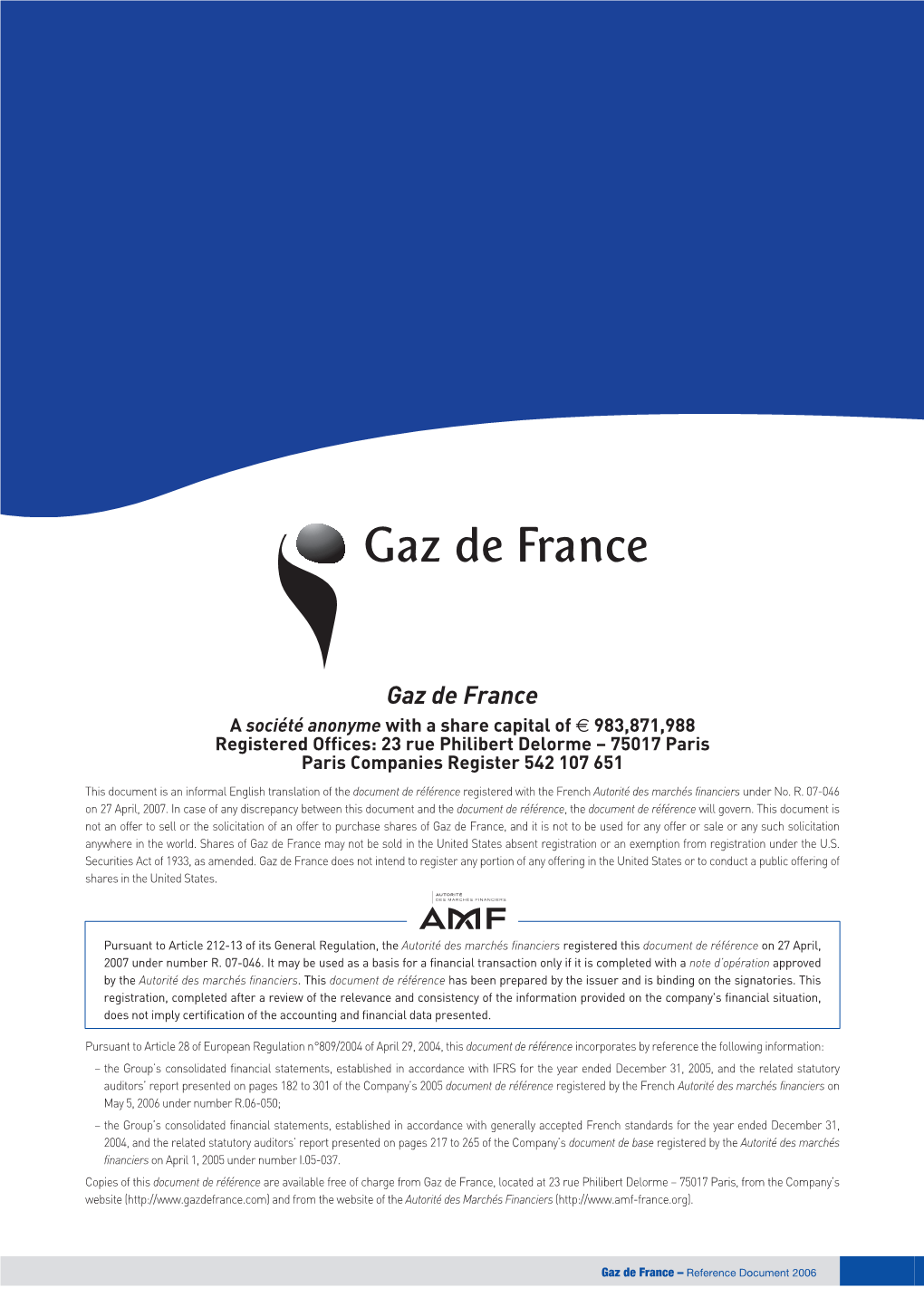 Gaz De France 2006 Reference Document