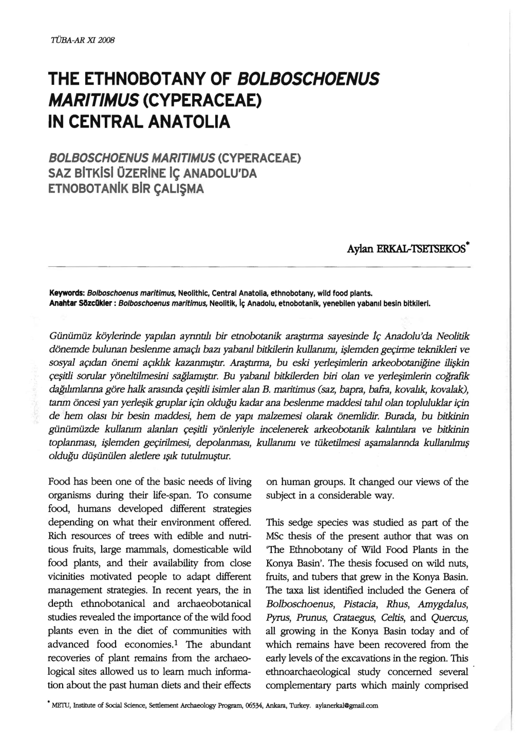 The Ethnobotany of Bolboschoenus Maritimus (Cyperaceae) in Central Anatolia