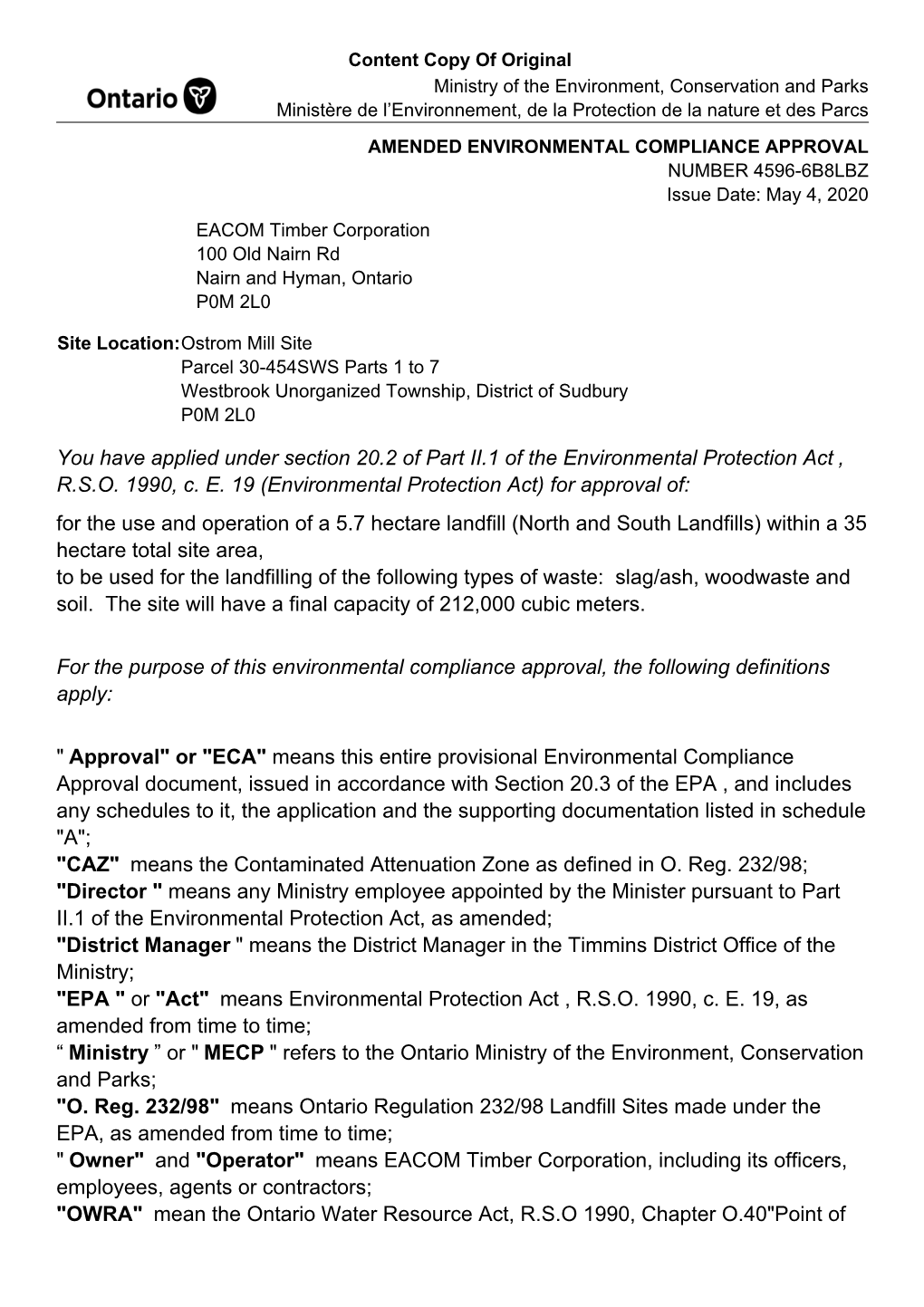 Amended Environmental Compliance Approval 4596