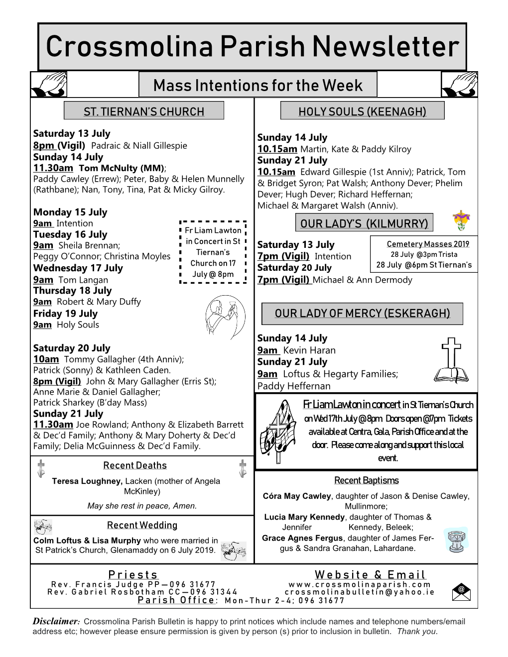 Crossmolina Parish Newsletter Mass Intentions for the Week