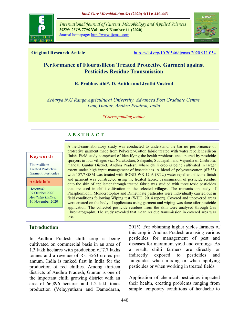 Performance of Flourosilicon Treated Protective Garment Against Pesticides Residue Transmission