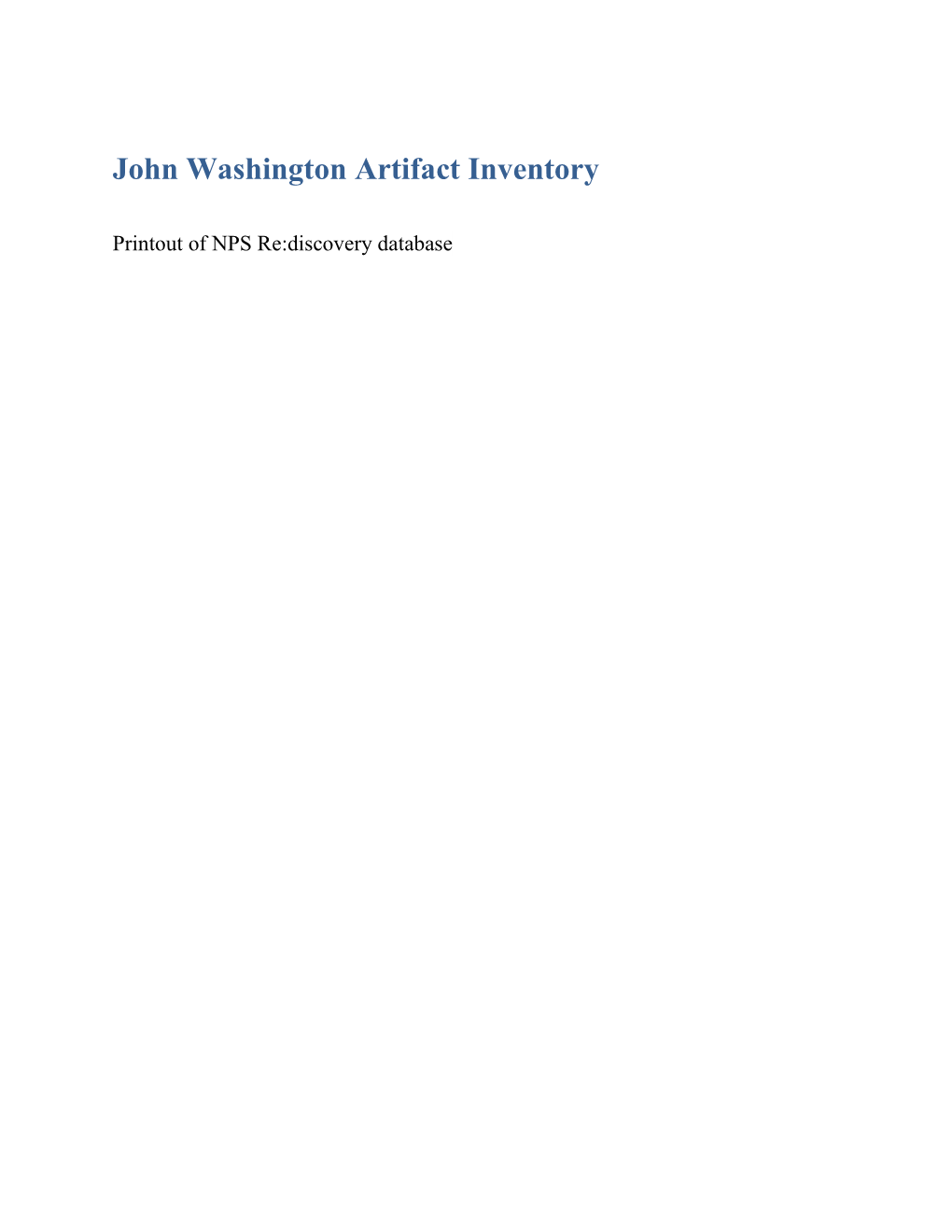John Washington Artifact Inventory