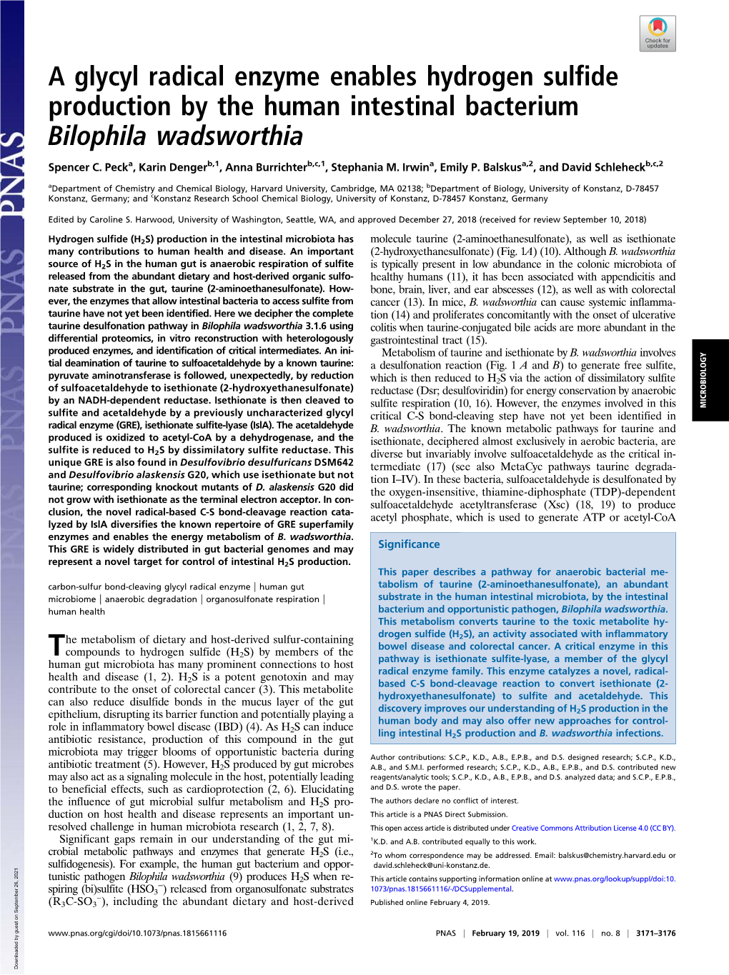 A Glycyl Radical Enzyme Enables Hydrogen Sulfide Production by the Human Intestinal Bacterium Bilophila Wadsworthia