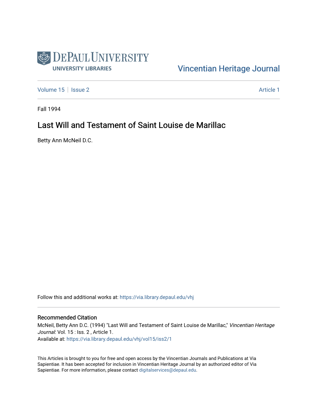 Last Will and Testament of Saint Louise De Marillac