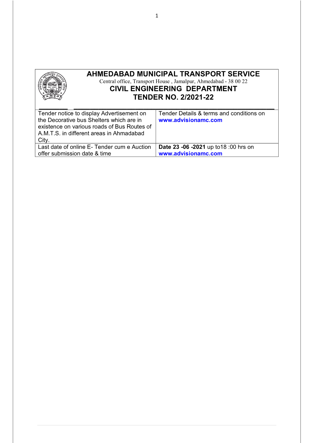 Ahmedabad Municipal Transport Service Civil Engineering Department Tender No. 2/2021-22