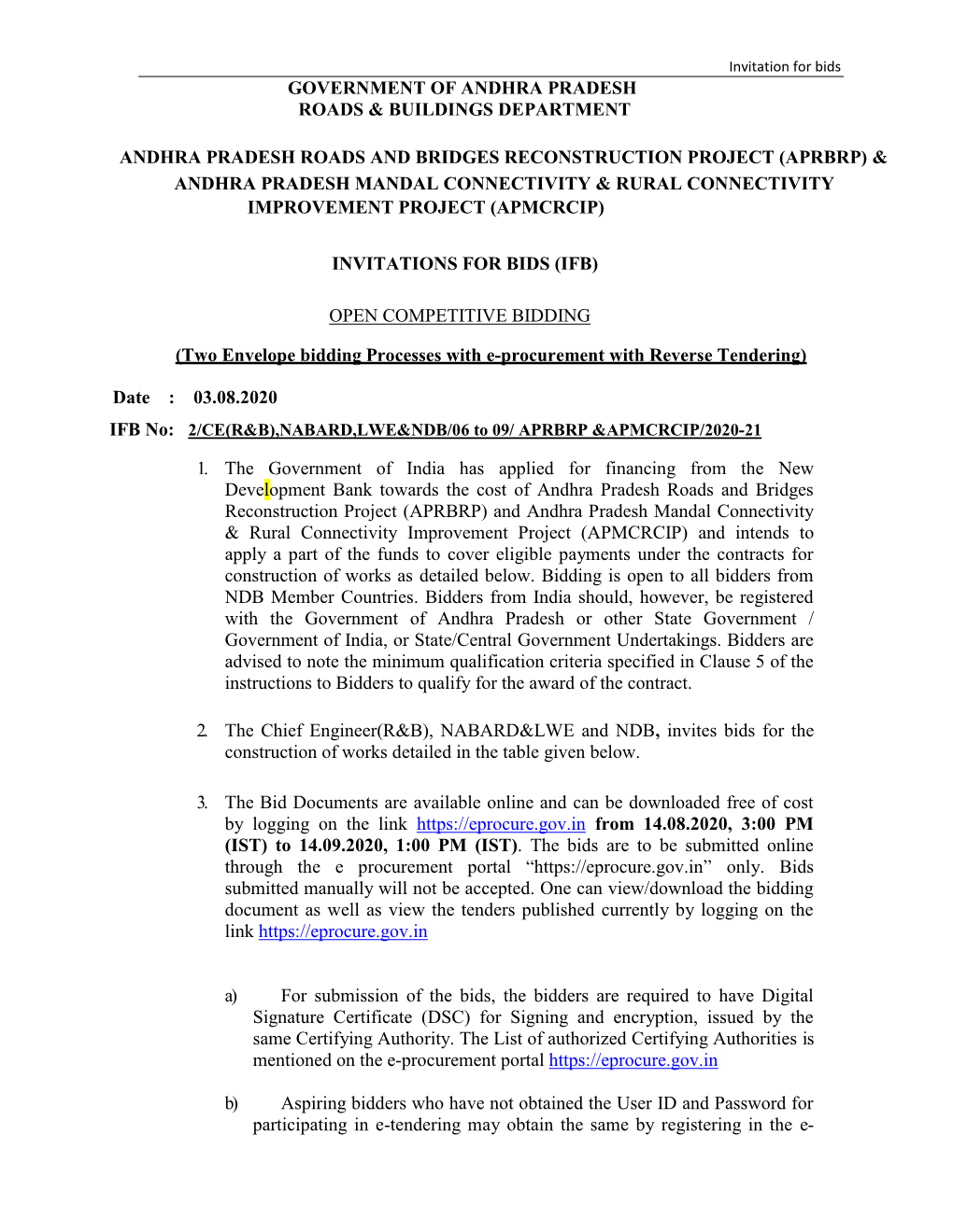 Aprbrp) & Andhra Pradesh Mandal Connectivity & Rural Connectivity Improvement Project (Apmcrcip)