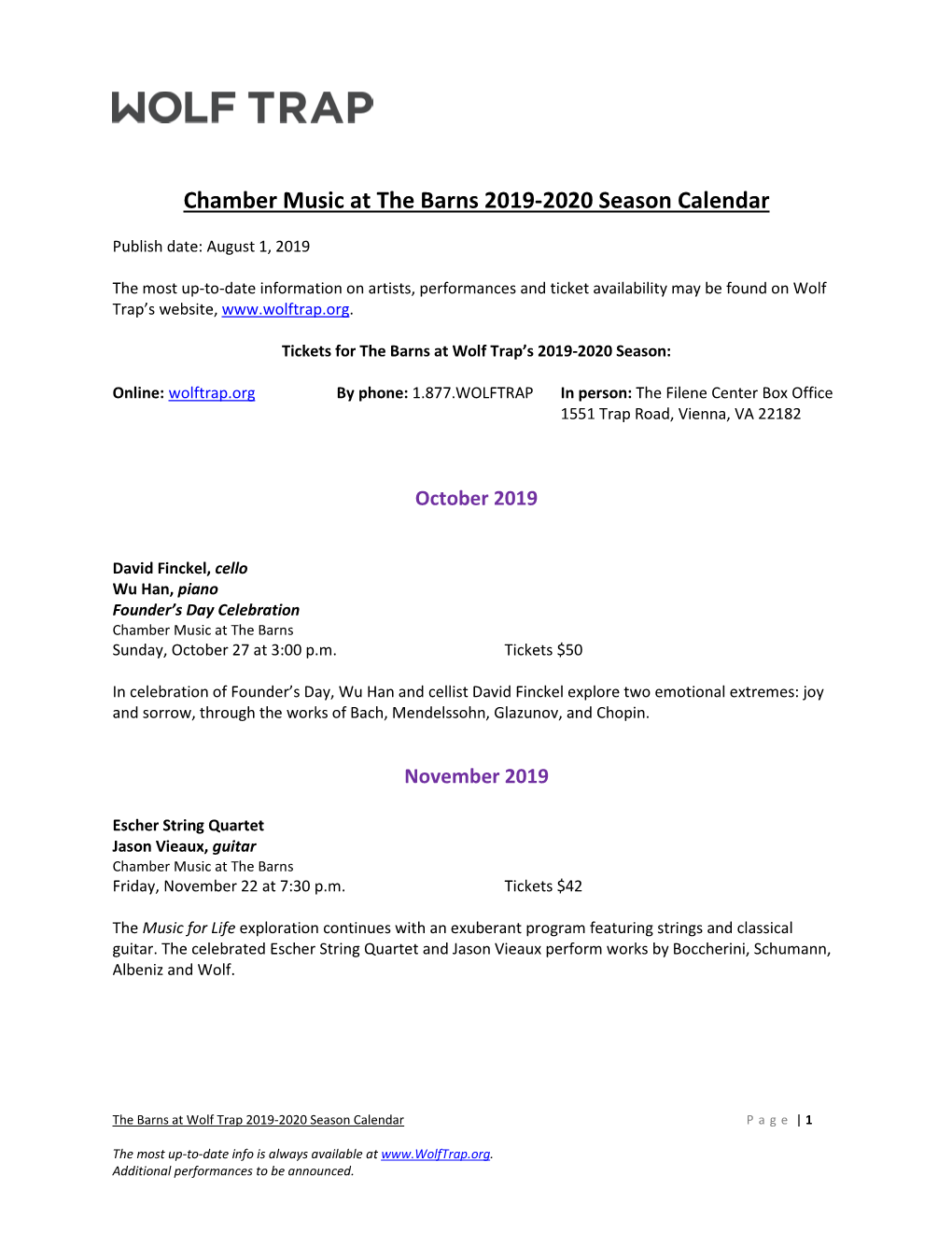 Chamber Music at the Barns 2019-2020 Season Calendar