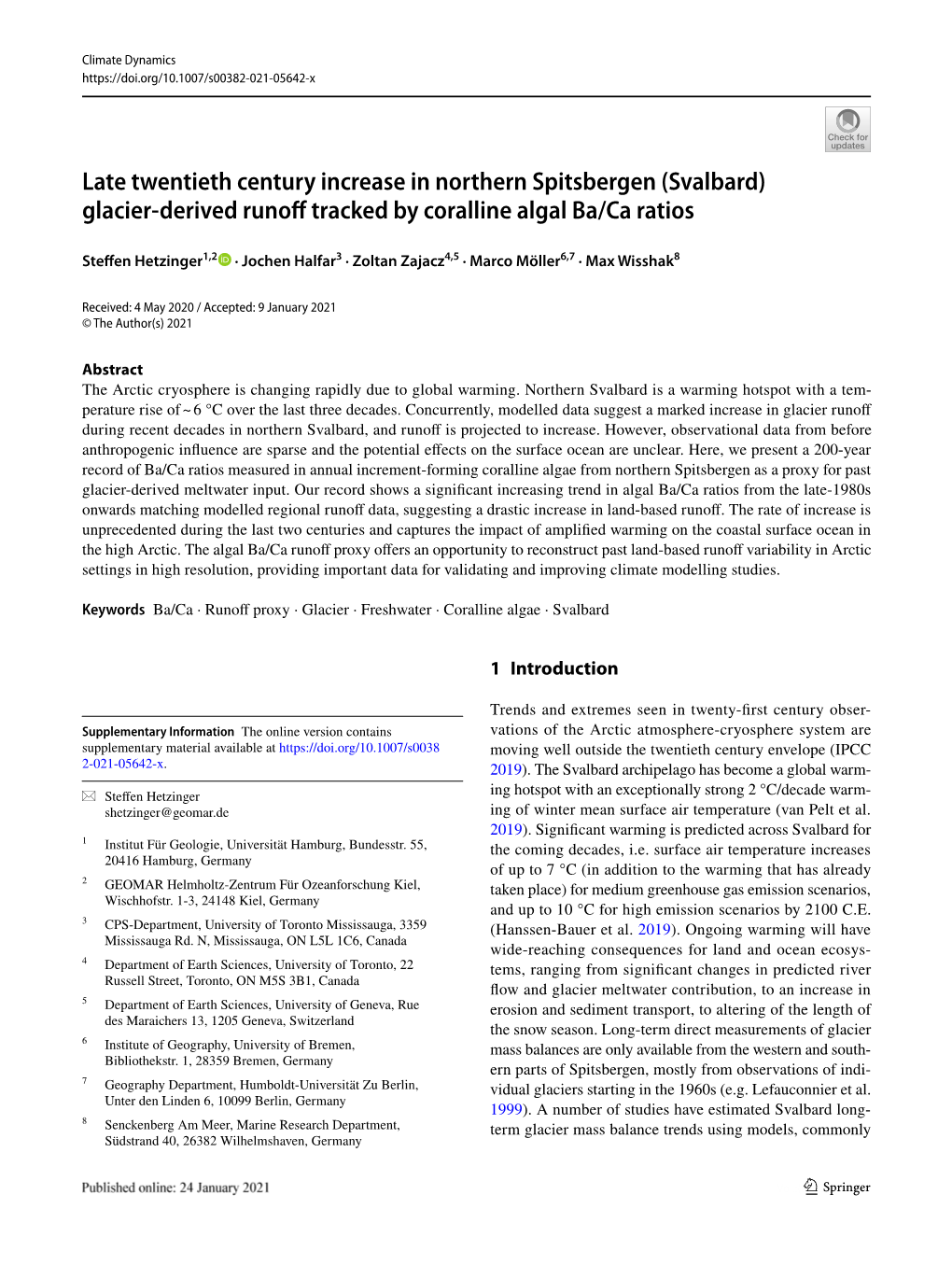 Svalbard) Glacier‑Derived Runof Tracked by Coralline Algal Ba/Ca Ratios