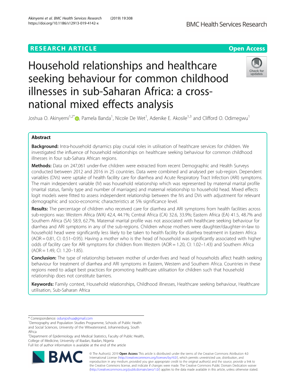 Household Relationships and Healthcare Seeking Behaviour for Common Childhood Illnesses in Sub-Saharan Africa: a Cross- National Mixed Effects Analysis Joshua O