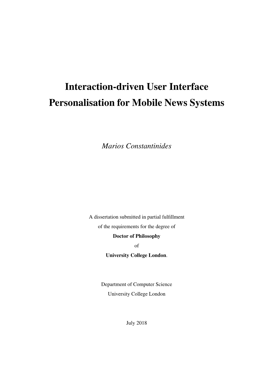 Interaction-Driven User Interface Personalisation for Mobile News Systems