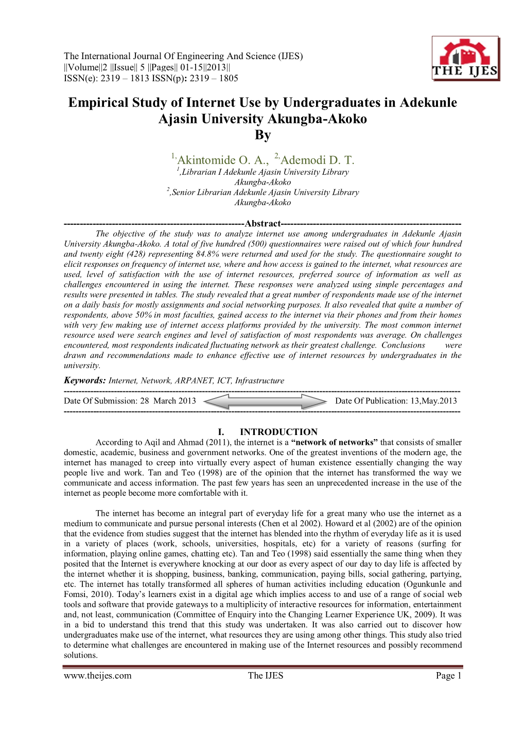 Empirical Study of Internet Use by Undergraduates in Adekunle Ajasin University Akungba-Akoko By