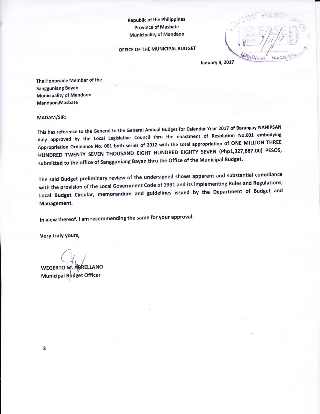 Wecerrfl#U.Ano Municipal Bf Dcet Offi Cer Republic of the Philippines Province of Masbate Municipality of Mandaon BARANGAY NANIPSAN OFFICE of the PUNONG BARANGAY