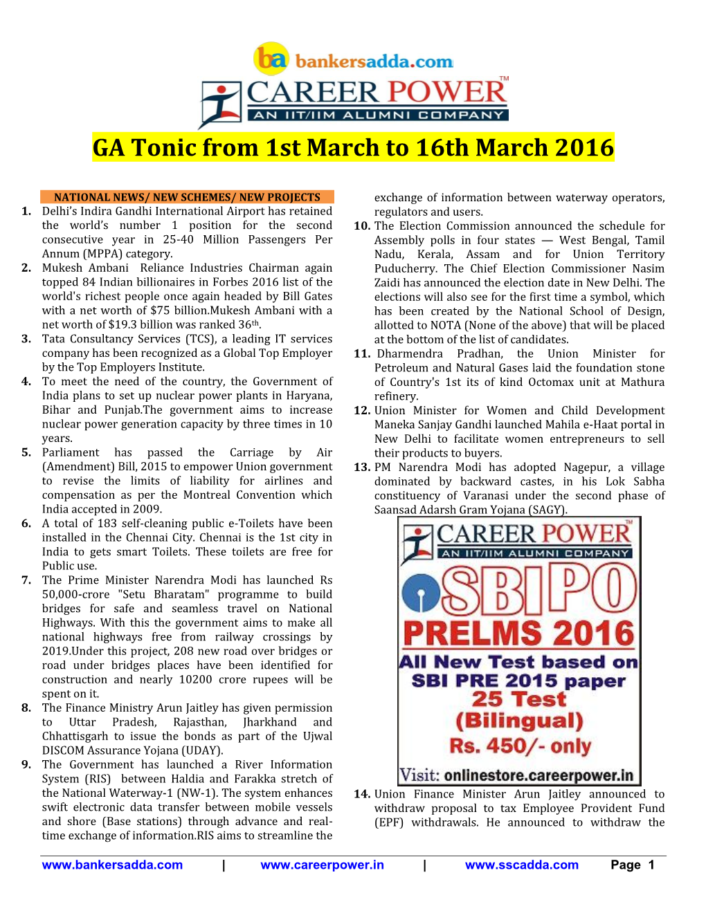 GA Tonic from 1St March to 16Th March 2016
