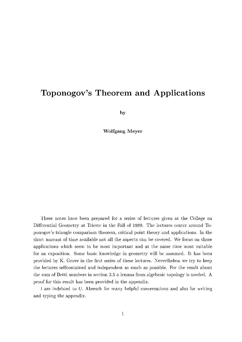 Toponogov's Theorem and Applications