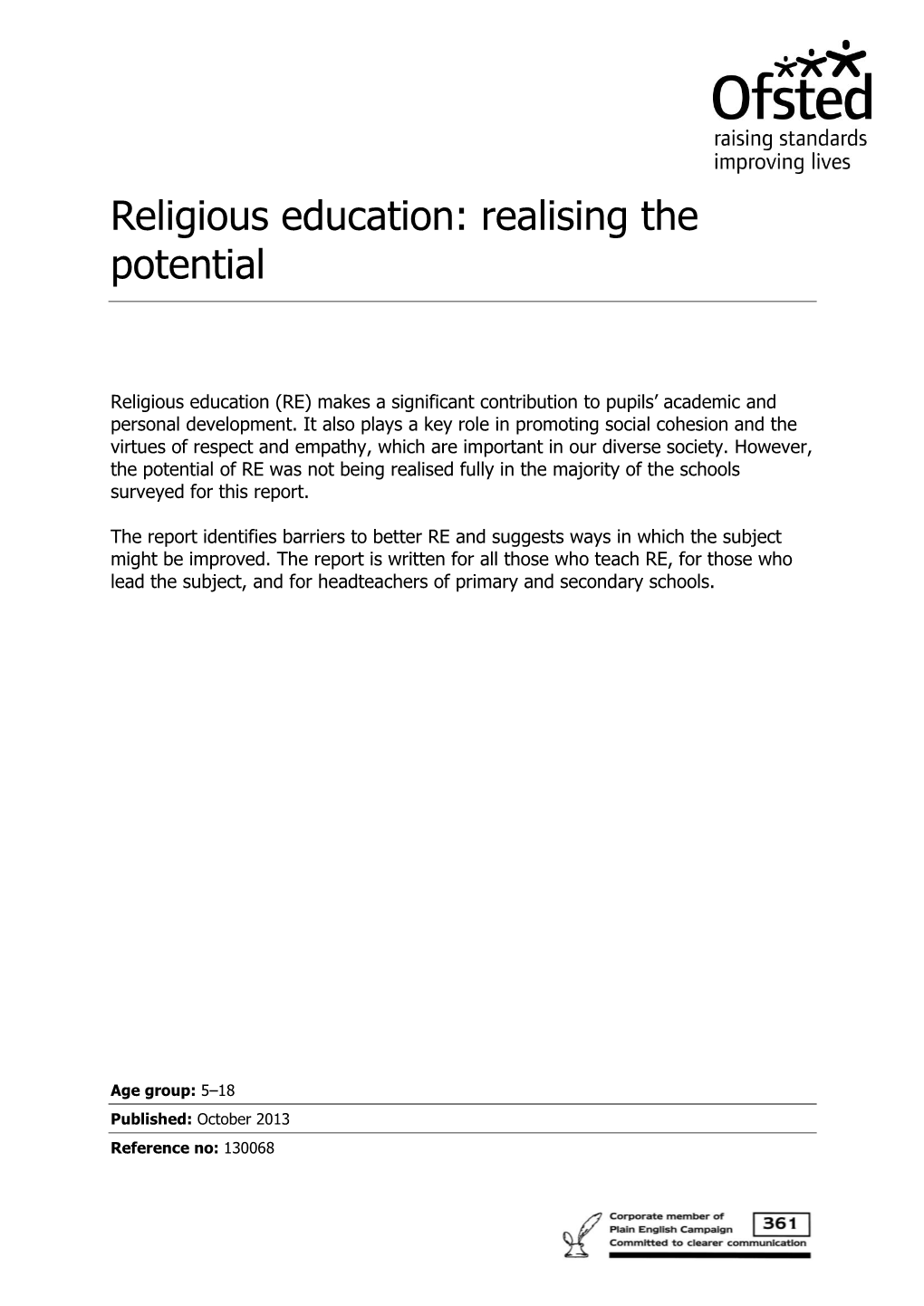 Religious Education: Realising the Potential