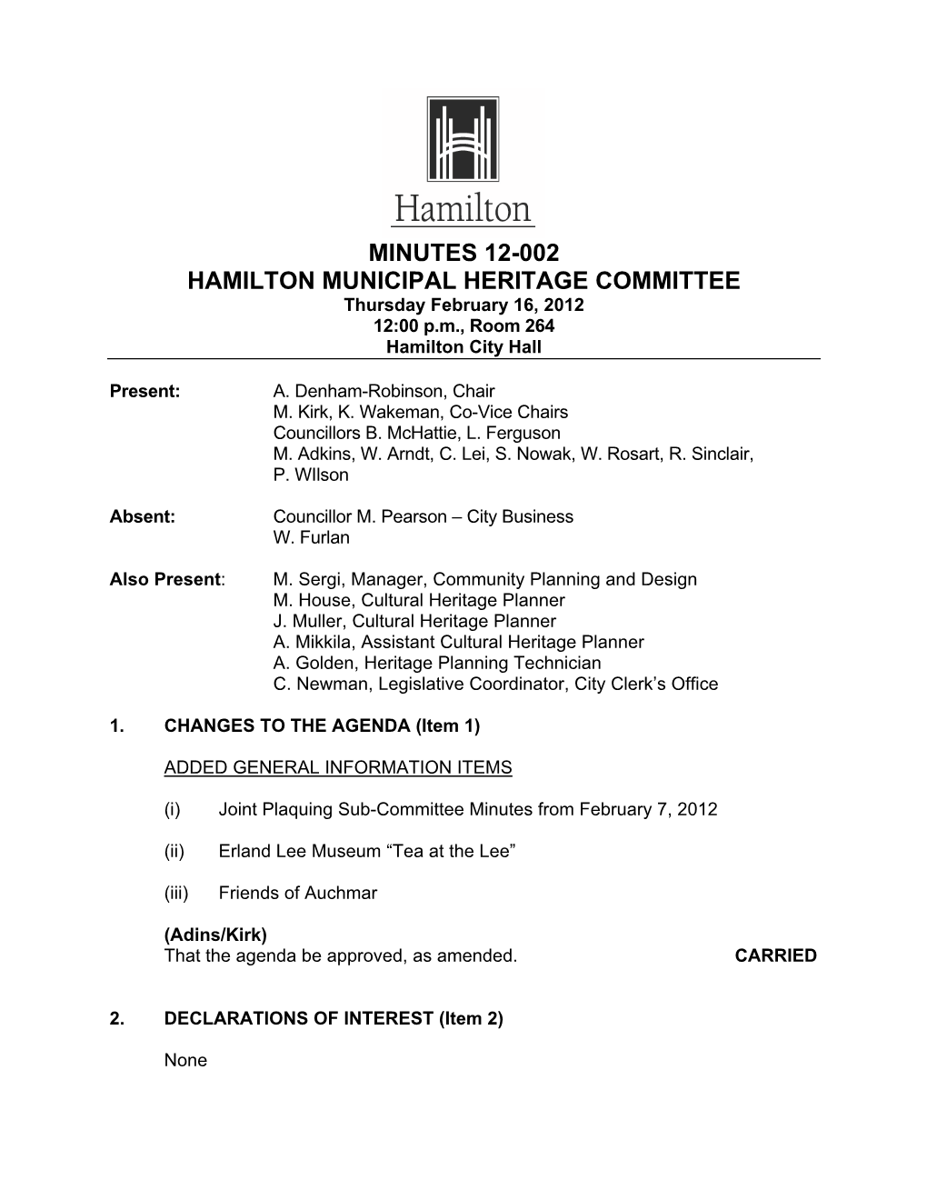 Hamilton Municipal Heritage Committee – Minutes 12-002