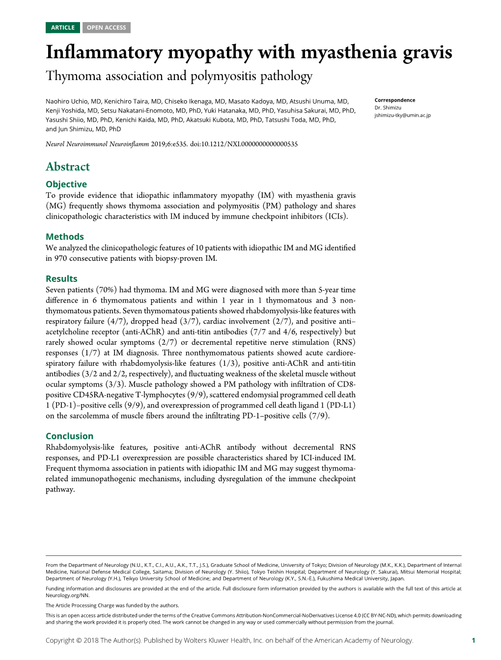 Inflammatory Myopathy with Myasthenia Gravis: Thymoma Association and Polymyositis Pathology Naohiro Uchio, Kenichiro Taira, Chiseko Ikenaga, Et Al