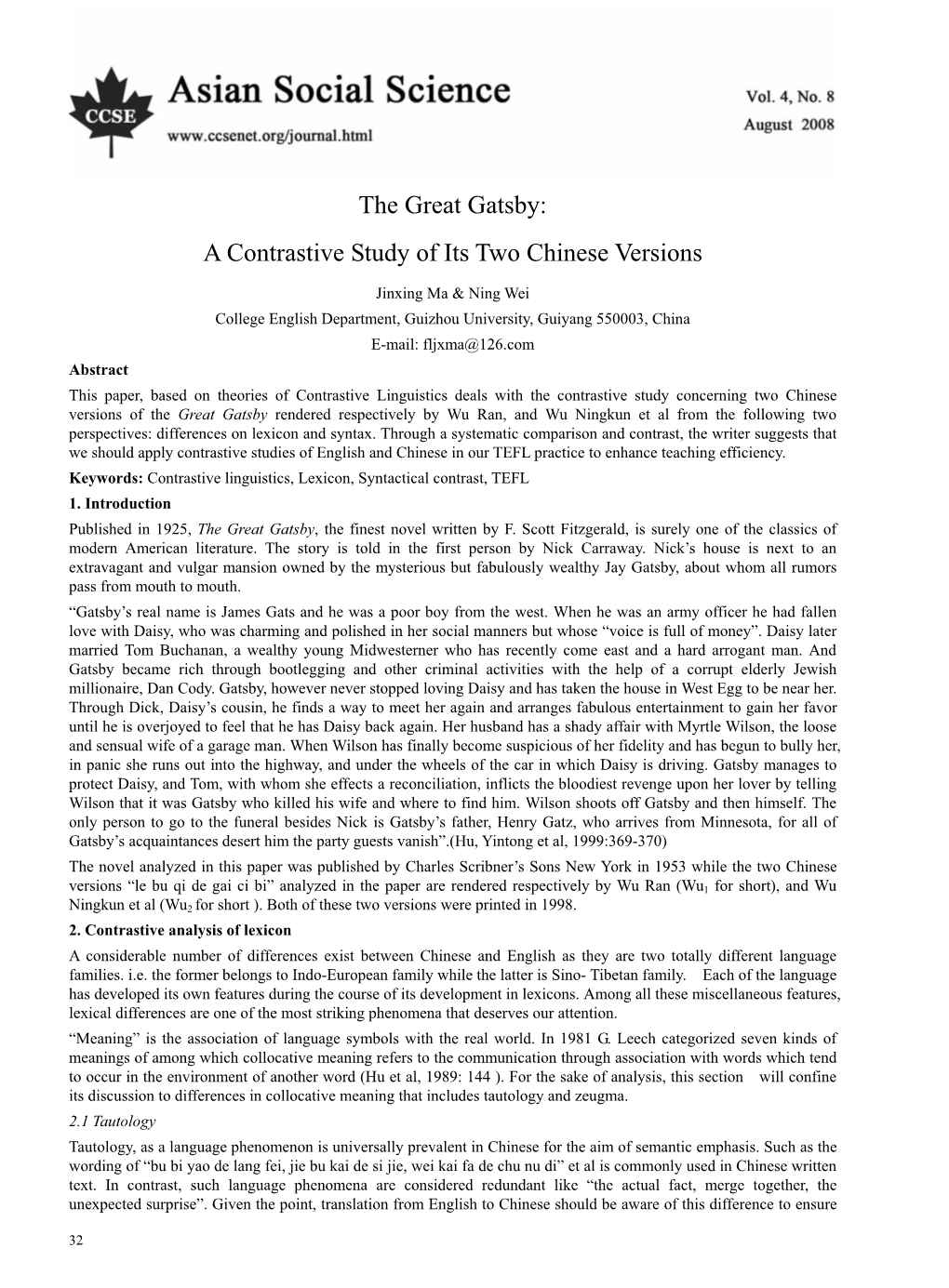 The Great Gatsby: a Contrastive Study of Its Two Chinese Versions