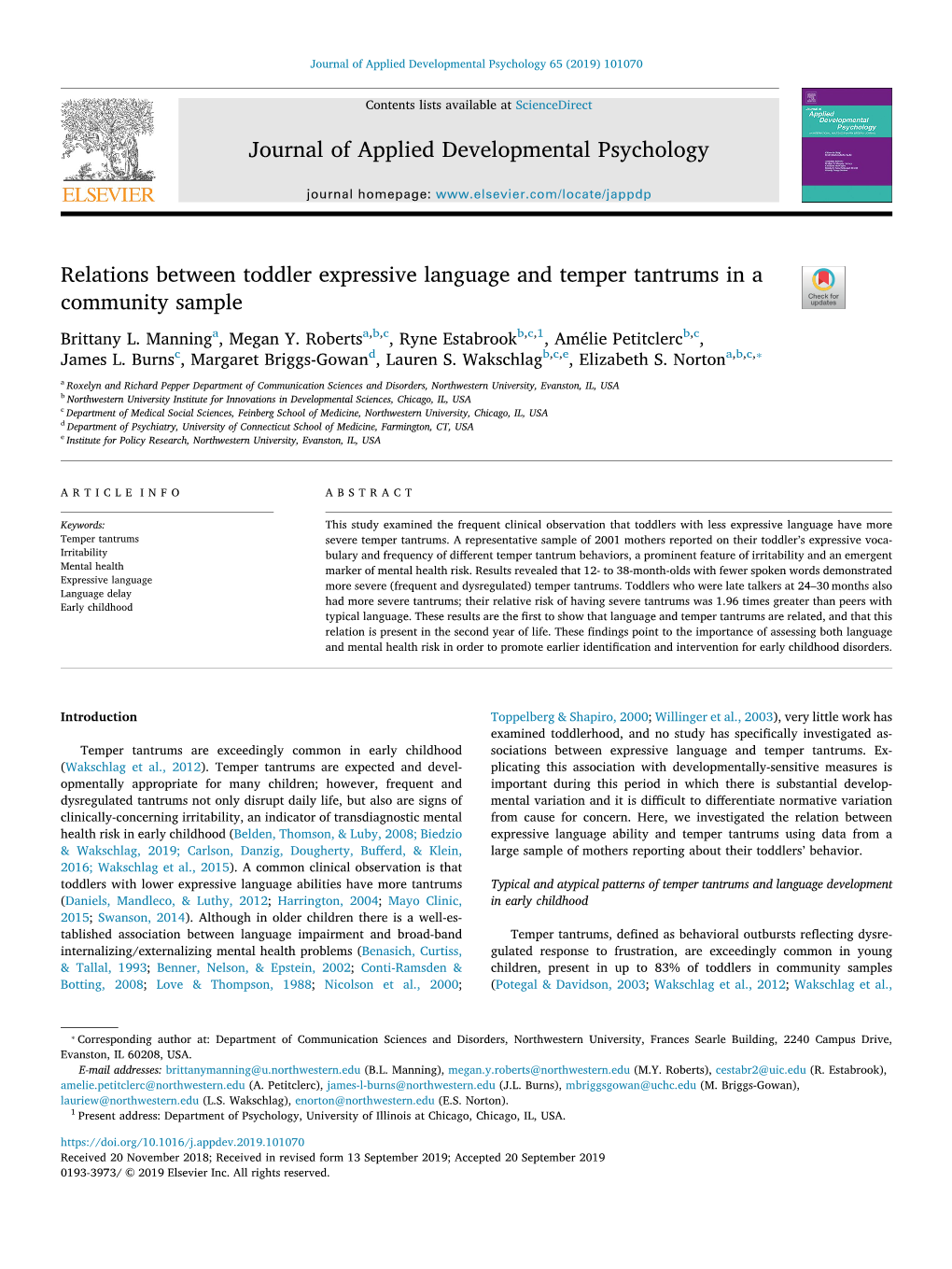 Relations Between Toddler Expressive Language and Temper Tantrums in a T Community Sample Brittany L