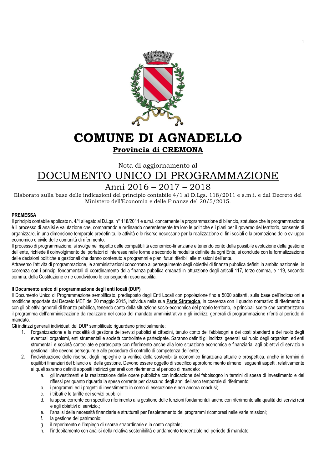 COMUNE DI AGNADELLO Provincia Di CREMONA