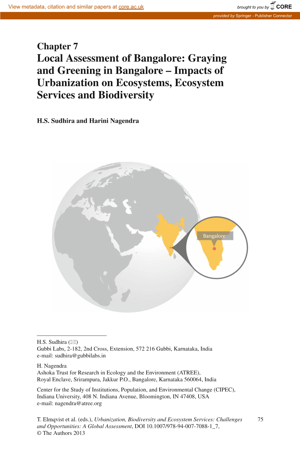 Local Assessment of Bangalore: Graying and Greening in Bangalore – Impacts of Urbanization on Ecosystems, Ecosystem Services and Biodiversity