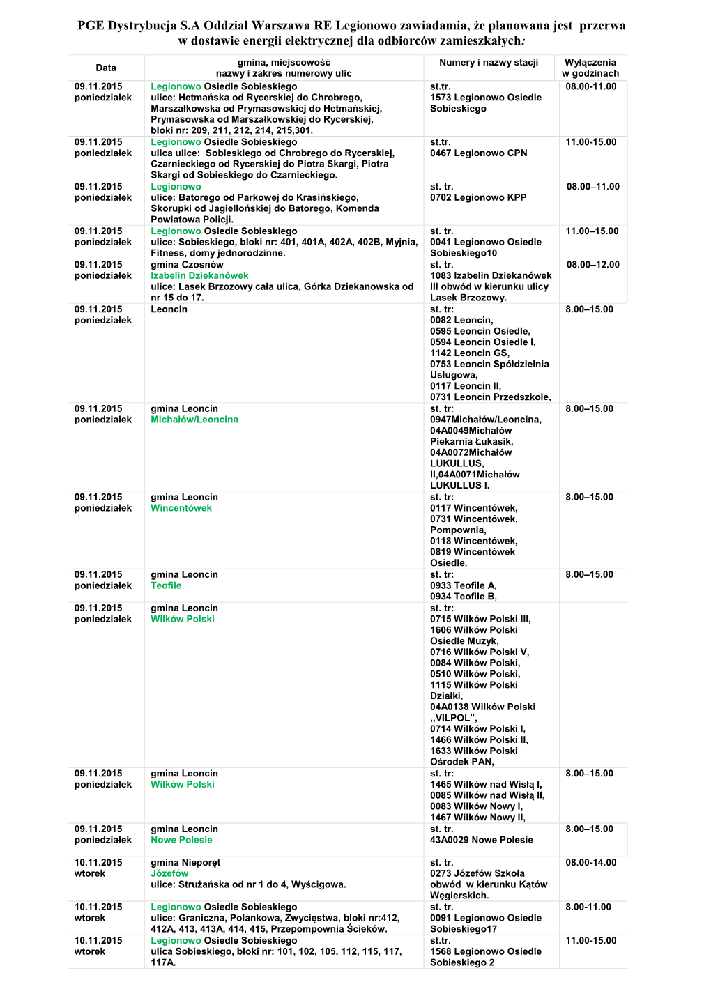 PGE Dystrybucja S.A Oddział Warszawa RE Legionowo Zawiadamia, Że Planowana Jest Przerwa W Dostawie Energii Elektrycznej Dla Odbiorców Zamieszkałych