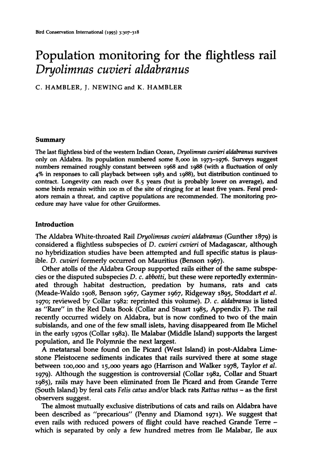 Population Monitoring for the Flightless Rail Dryolimnas Cuvieri Aldabranus