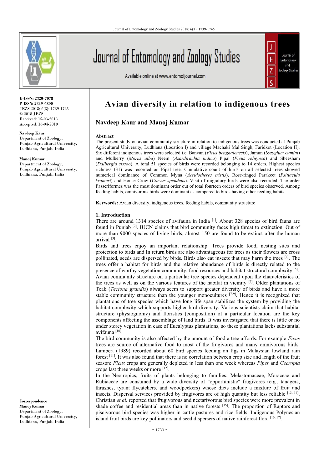 Avian Diversity in Relation to Indigenous Trees JEZS 2018; 6(3): 1739-1745 © 2018 JEZS Received: 15-03-2018 Accepted: 16-04-2018 Navdeep Kaur and Manoj Kumar