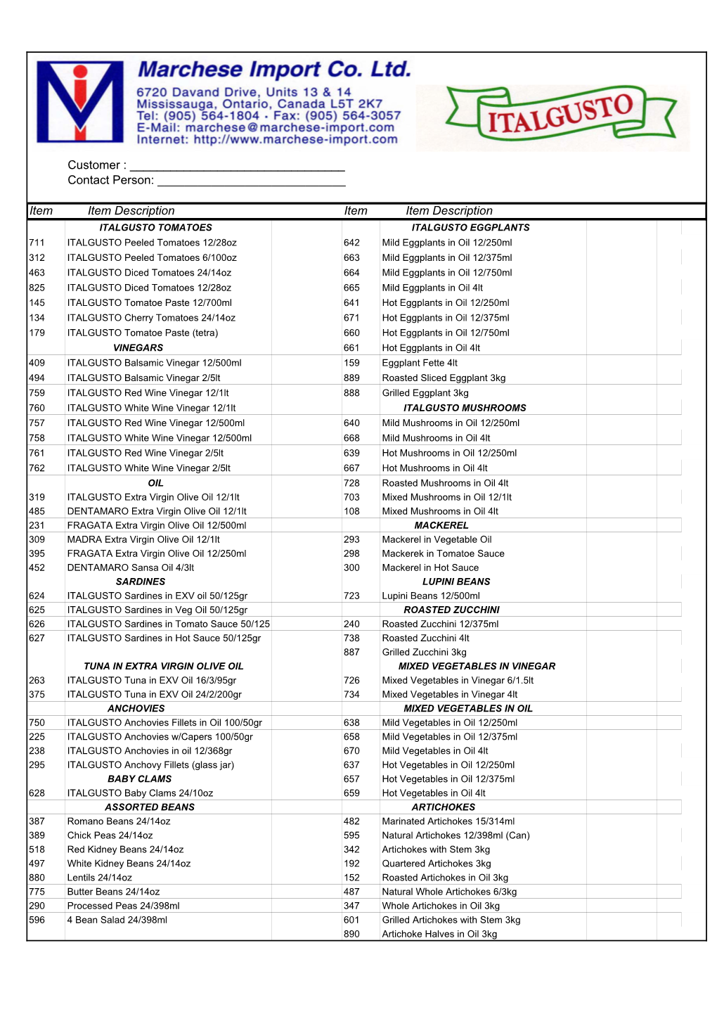 Marchese-Import Product List