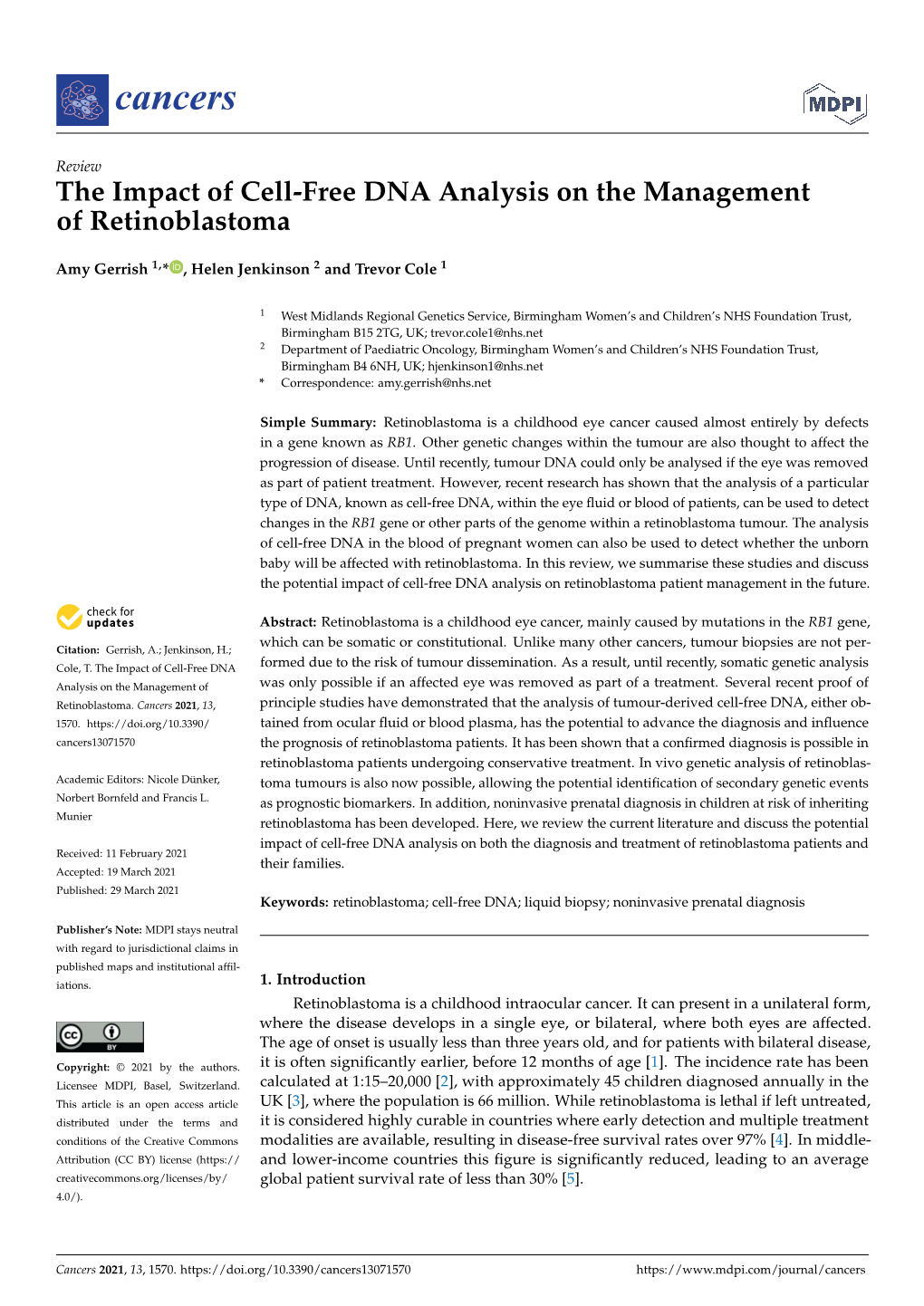 The Impact of Cell-Free DNA Analysis on the Management of Retinoblastoma