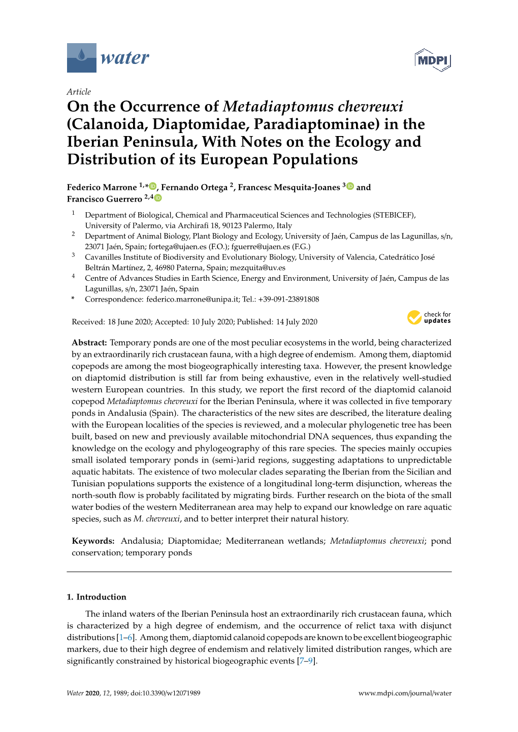 On the Occurrence of Metadiaptomus Chevreuxi (Calanoida, Diaptomidae, Paradiaptominae) in the Iberian Peninsula, with Notes on T