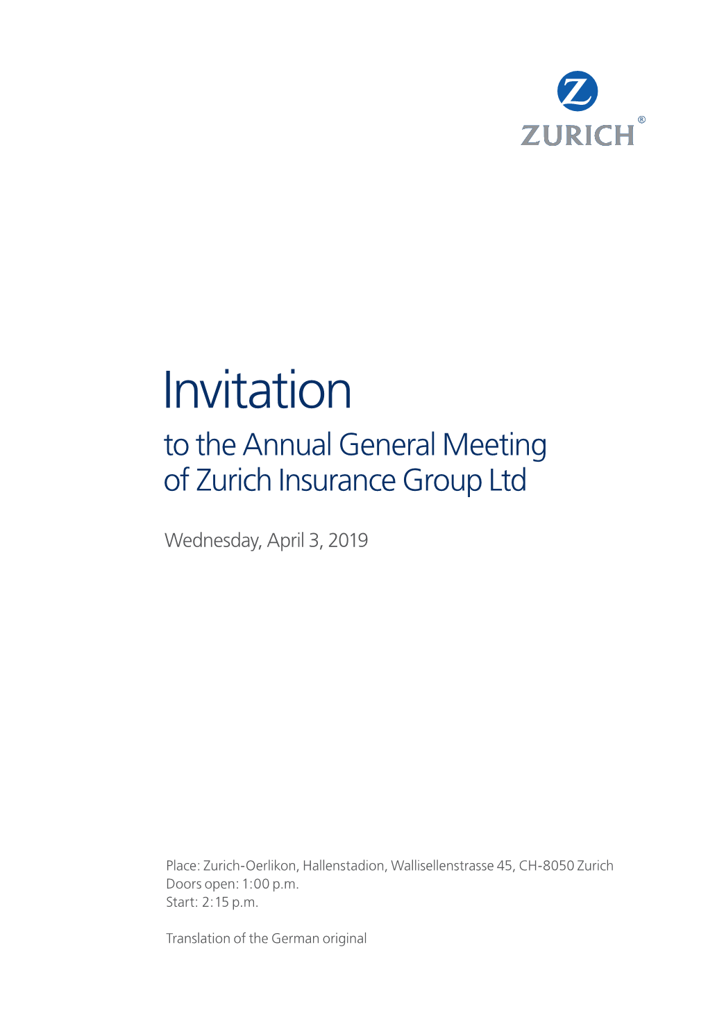 Invitation to Attend the Annual General Meeting of Zurich Insurance Group
