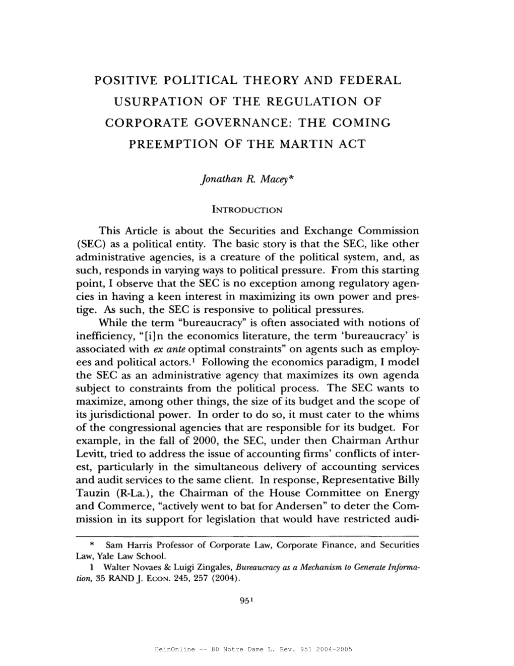 Positive Political Theory and Federal Usurpation of the Regulation of Corporate Governance: the Coming Preemption of the Martin Act