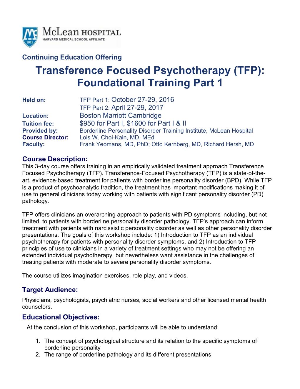 Transference Focused Psychotherapy (TFP): Foundational Training Part 1