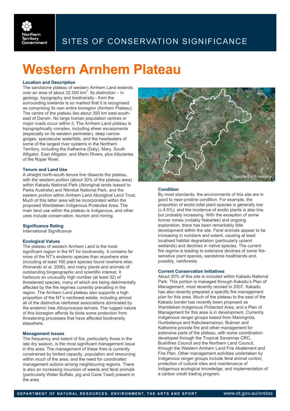 Western Arnhem Plateau Location and Description the Sandstone Plateau of Western Arnhem Land Extends Over an Area of About 32 000 Km2