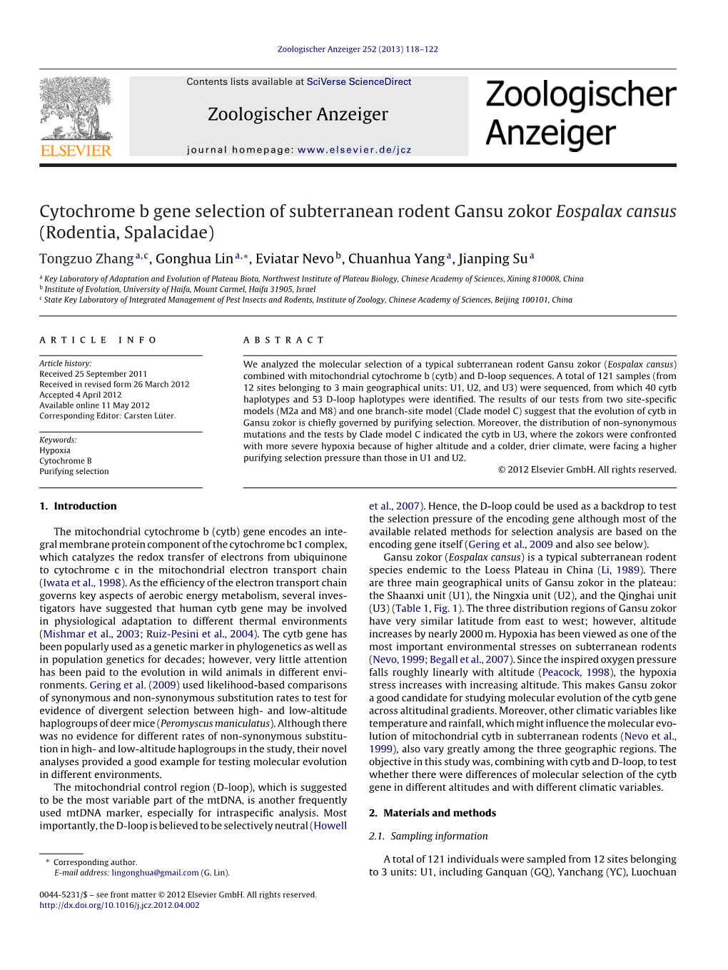 Cytochrome B Gene Selection of Subterranean Rodent Gansu Zokor