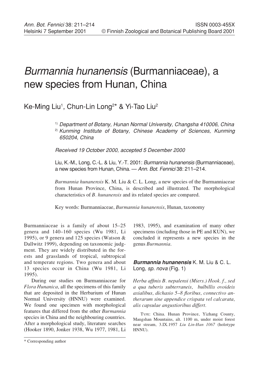 Burmannia Hunanensis (Burmanniaceae), a New Species from Hunan, China