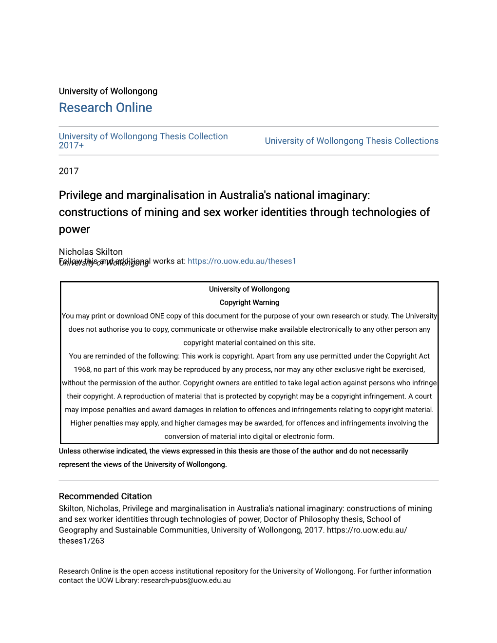 Privilege and Marginalisation in Australia's National Imaginary: Constructions of Mining and Sex Worker Identities Through Technologies of Power