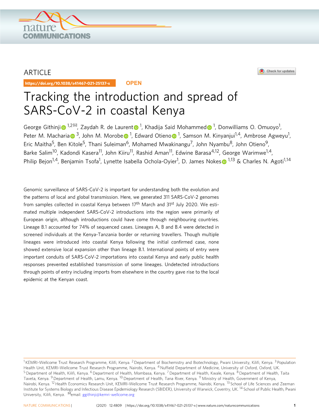 Tracking the Introduction and Spread of SARS-Cov-2 in Coastal Kenya ✉ George Githinji 1,2 , Zaydah R