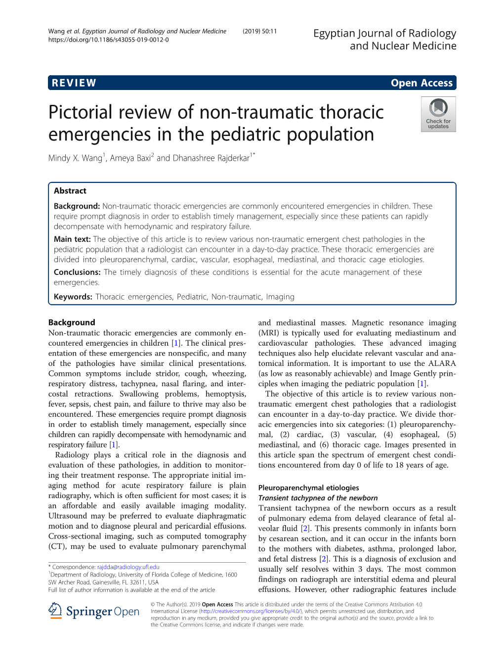 Pictorial Review of Non-Traumatic Thoracic Emergencies in the Pediatric Population Mindy X