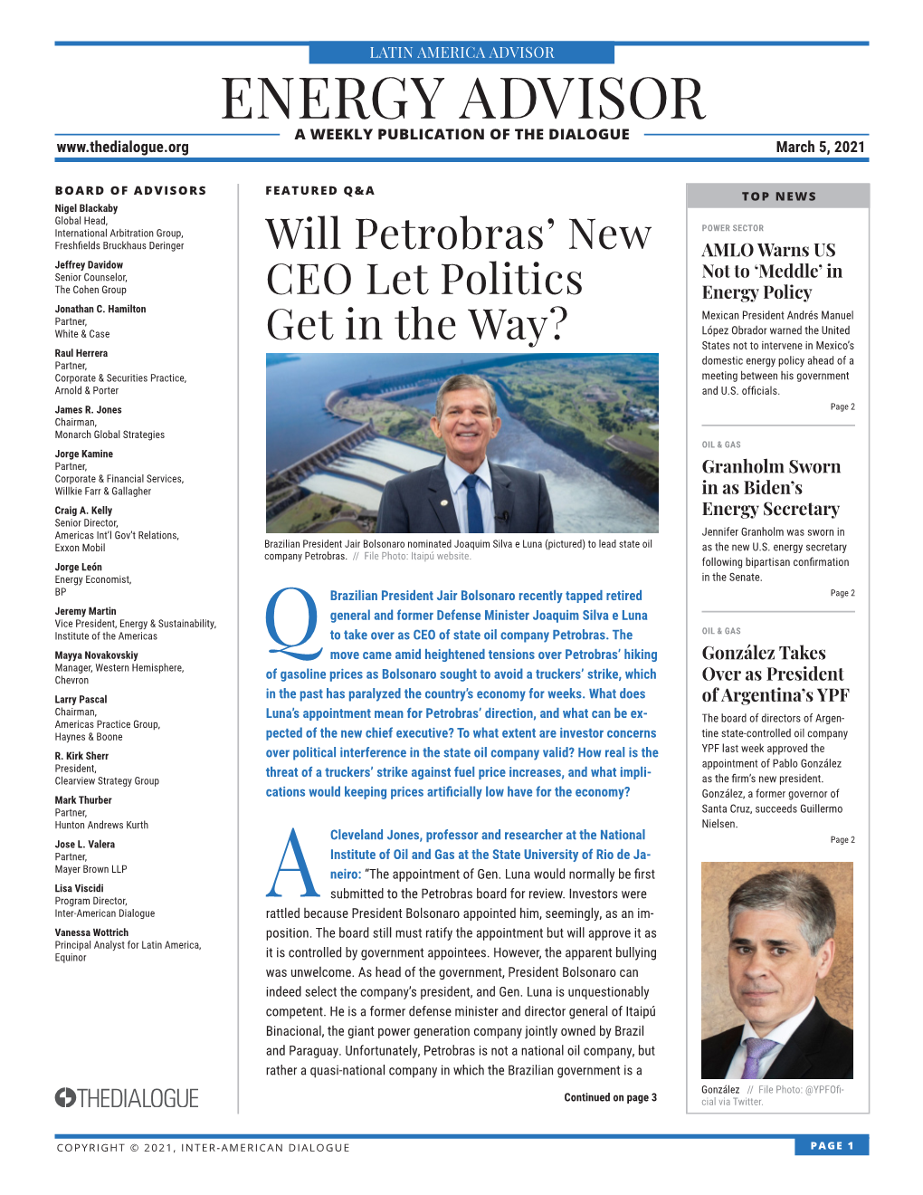 ENERGY ADVISOR a WEEKLY PUBLICATION of the DIALOGUE March 5, 2021