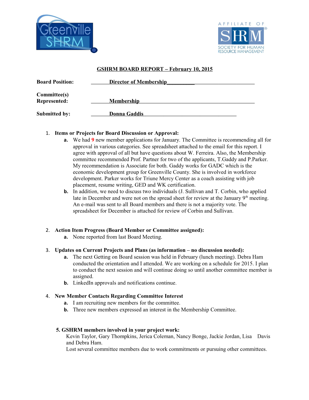 GSHRM BOARD REPORT February 10, 2015