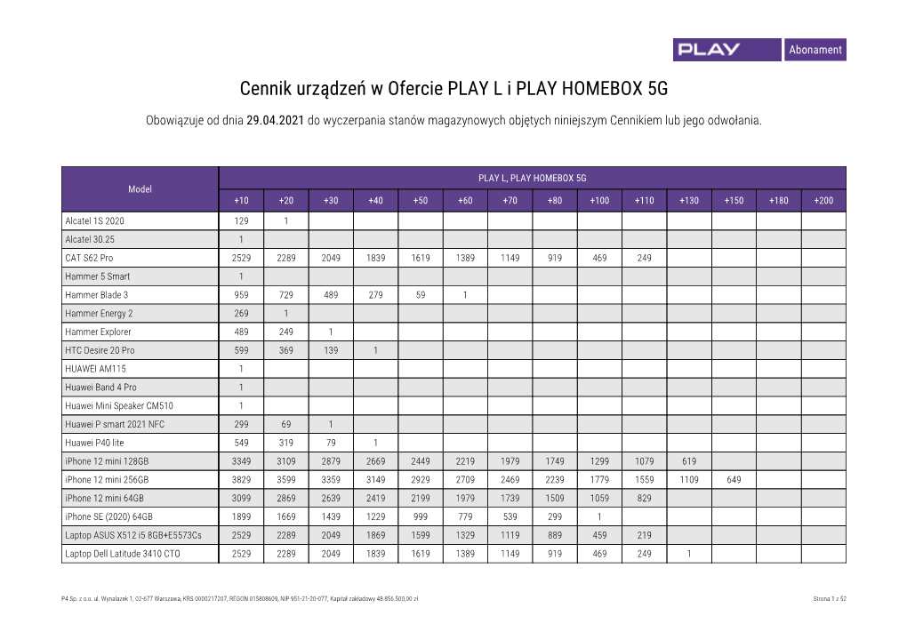 Cennik Urządzeń W Ofercie PLAY L I PLAY HOMEBOX 5G