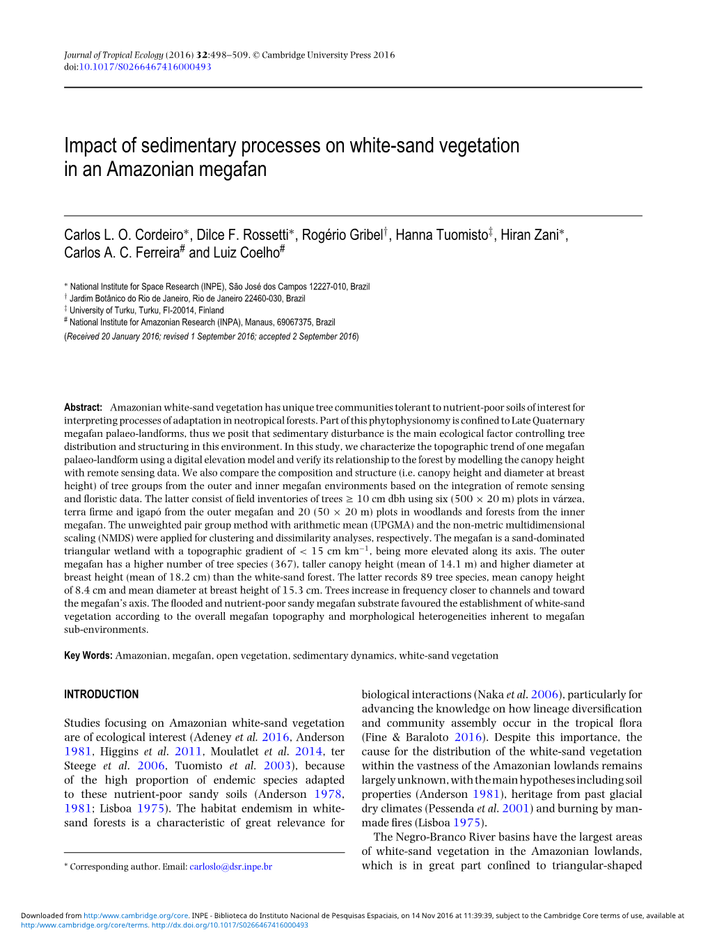 Impact of Sedimentary Processes on White-Sand Vegetation in an Amazonian Megafan