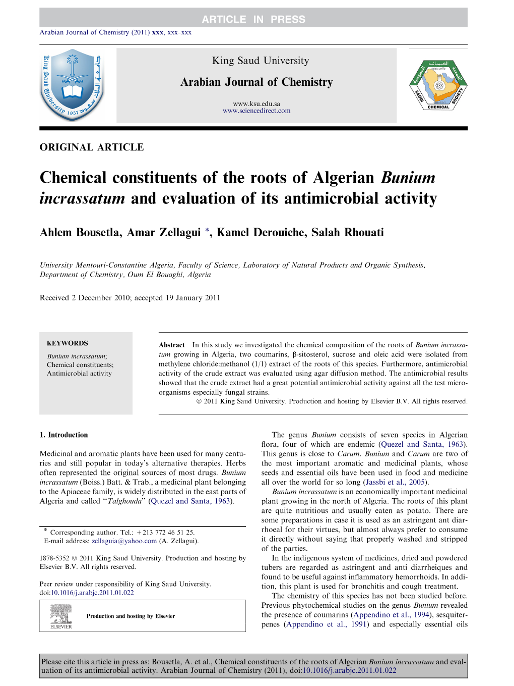 Chemical Constituents of the Roots of Algerian Bunium Incrassatum and Evaluation of Its Antimicrobial Activity